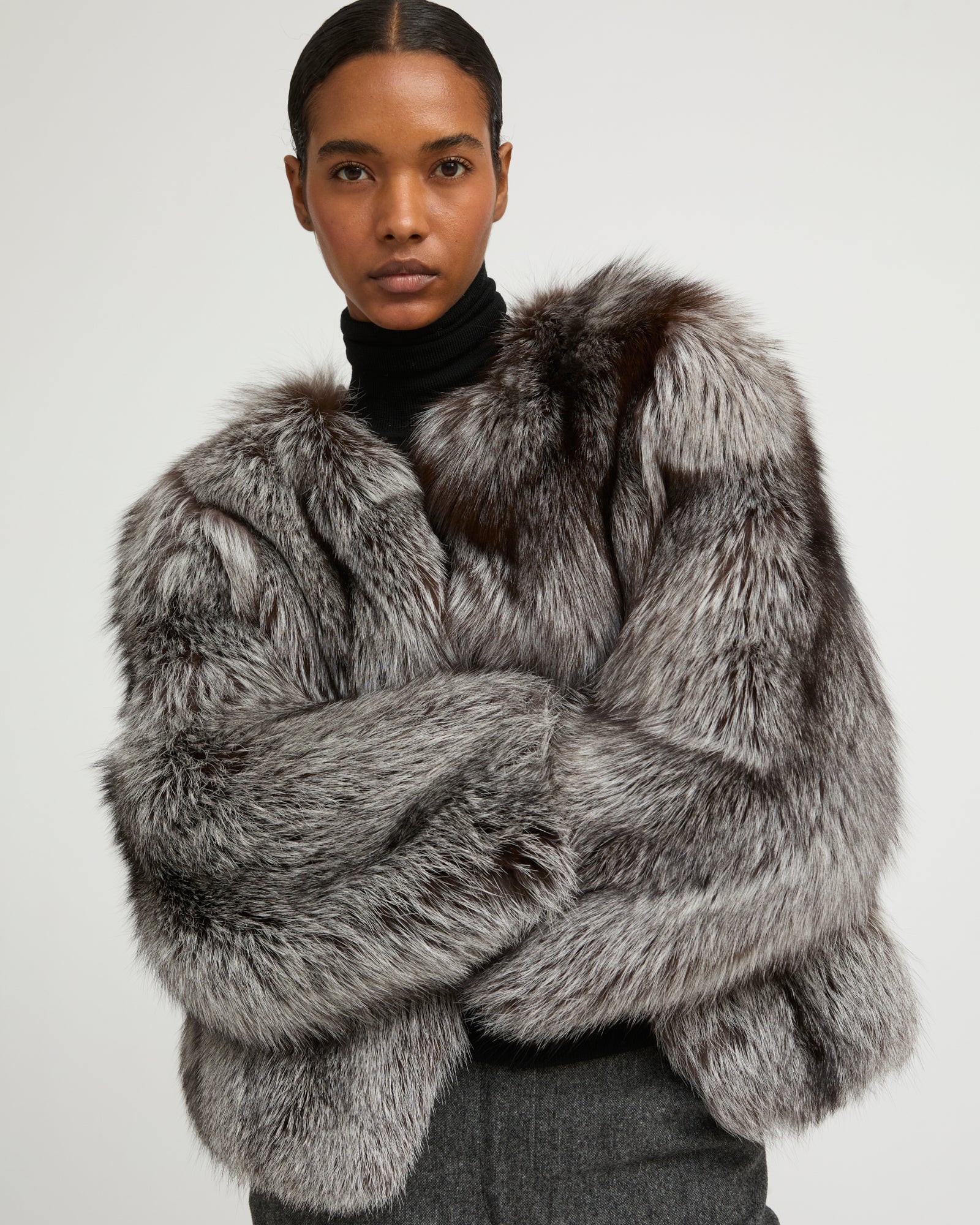 Straight fox fur jacket - grey - Yves Salomon – Yves Salomon US