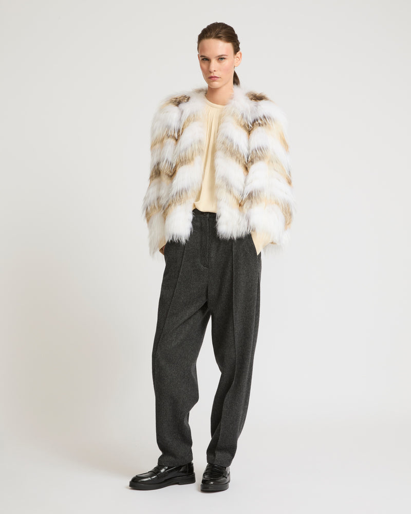 Belted cardigan in merino knit and fox fur - white natural mixed - Yves Salomon