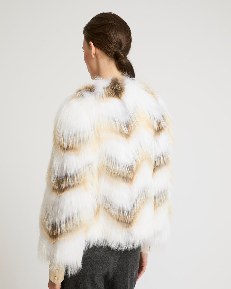 Belted cardigan in merino knit and fox fur - white natural mixed - Yves Salomon