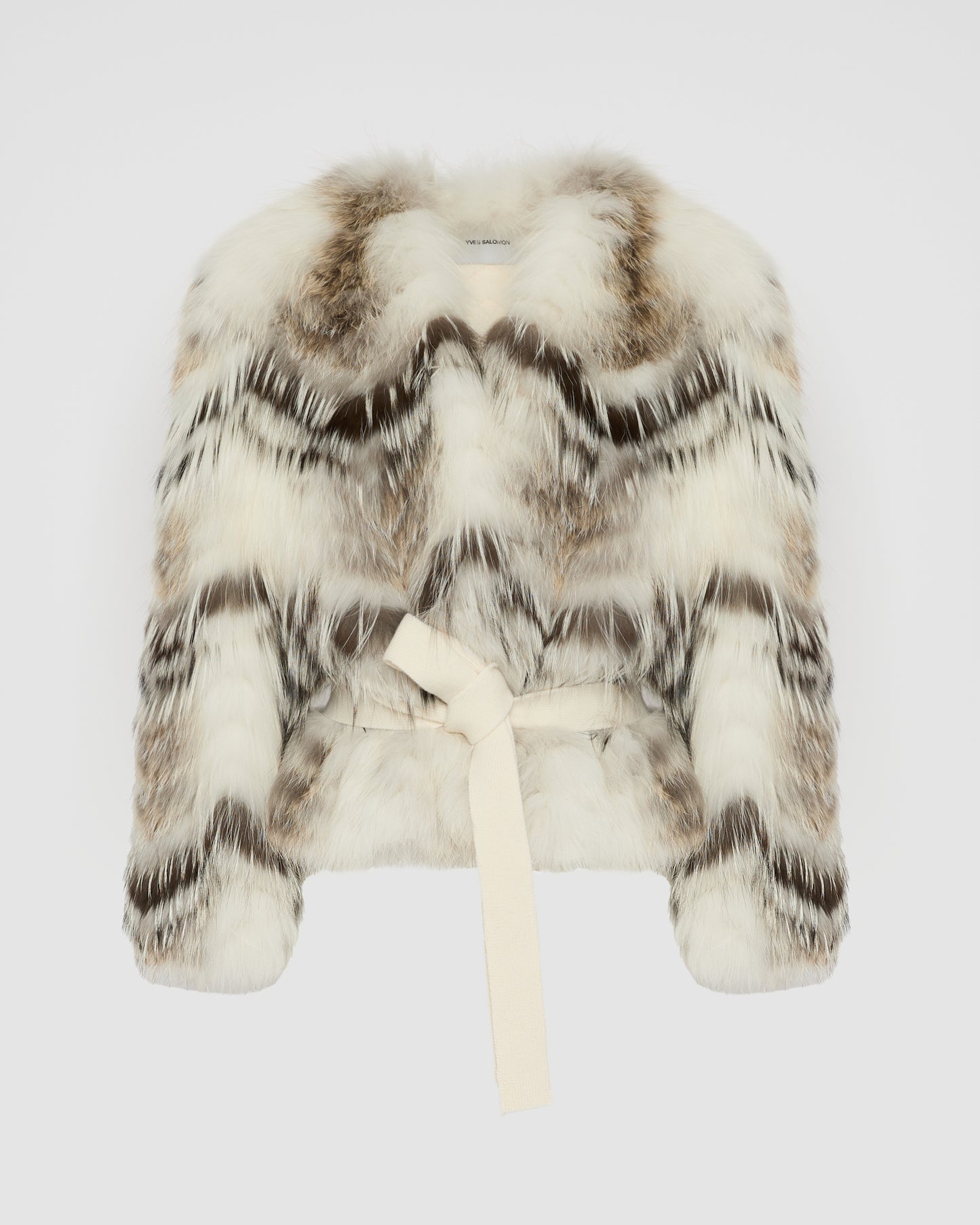 Belted cardigan in merino knit and fox fur