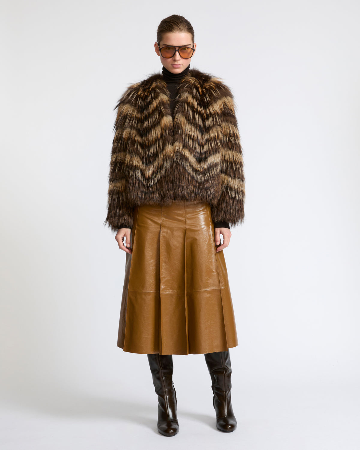 Pleated patent lambskin leather skirt