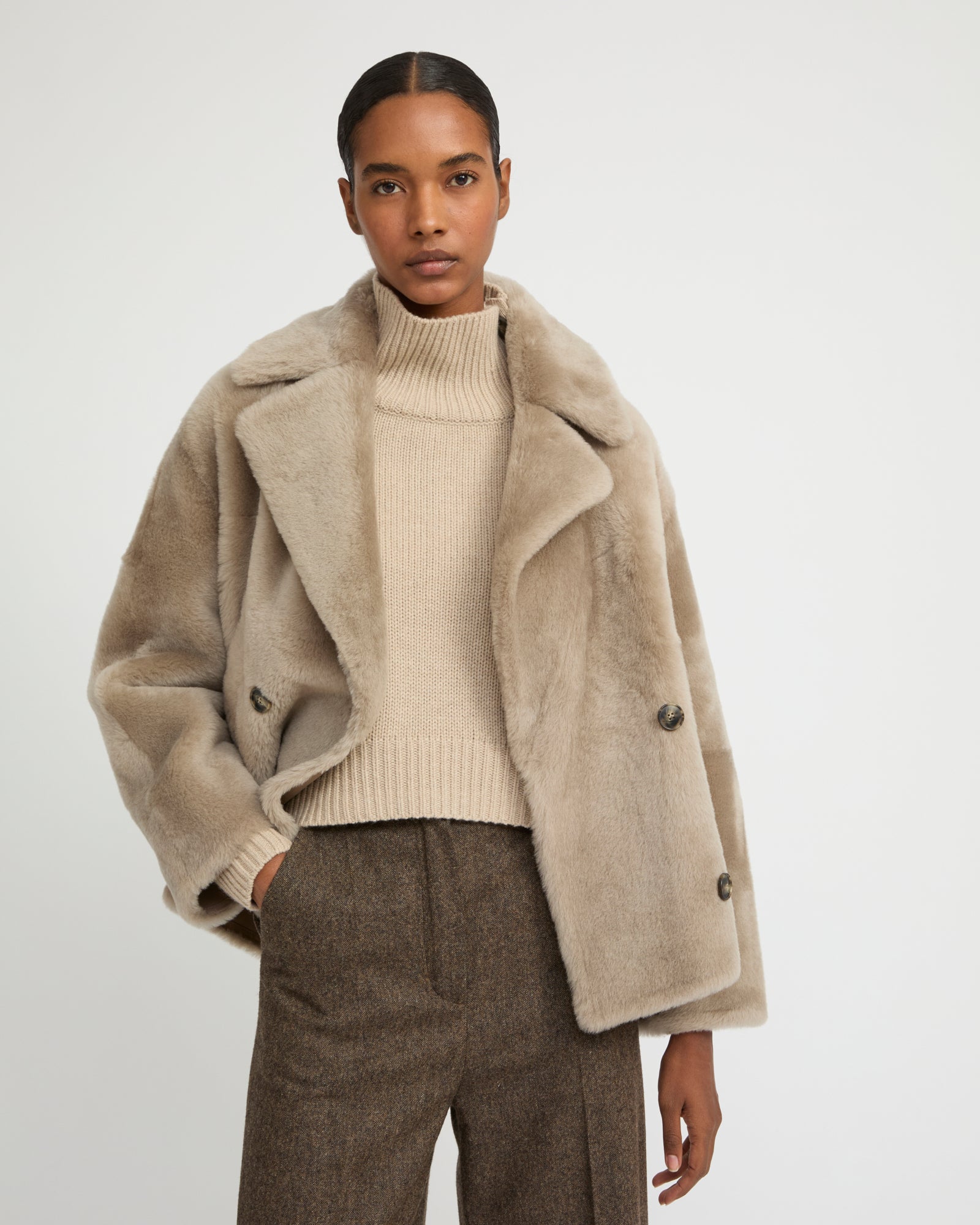 Shearling pea jacket - beige - Yves Salomon – Yves Salomon US
