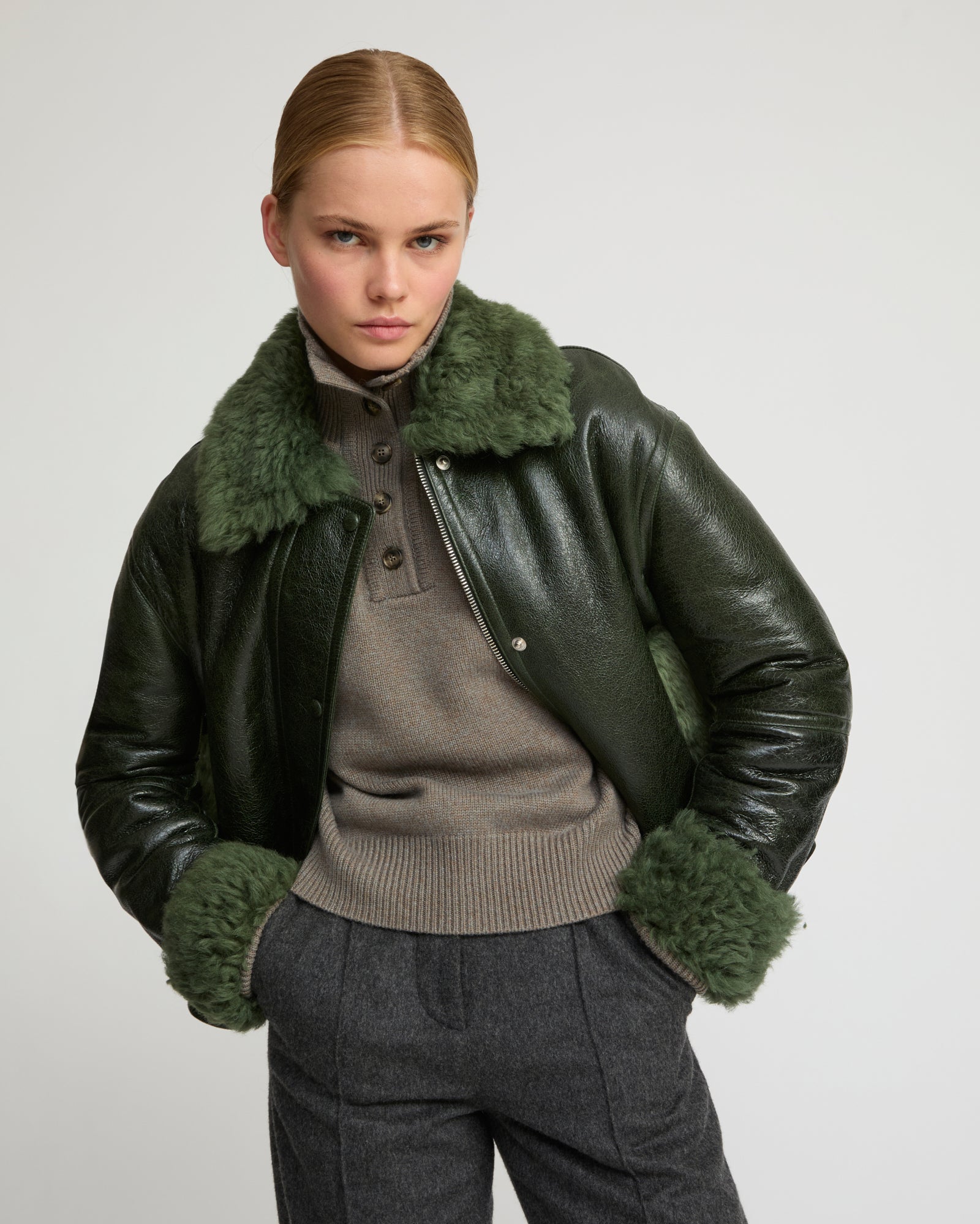 Short jacket in curly Tuscan shearling - green - Winter sale