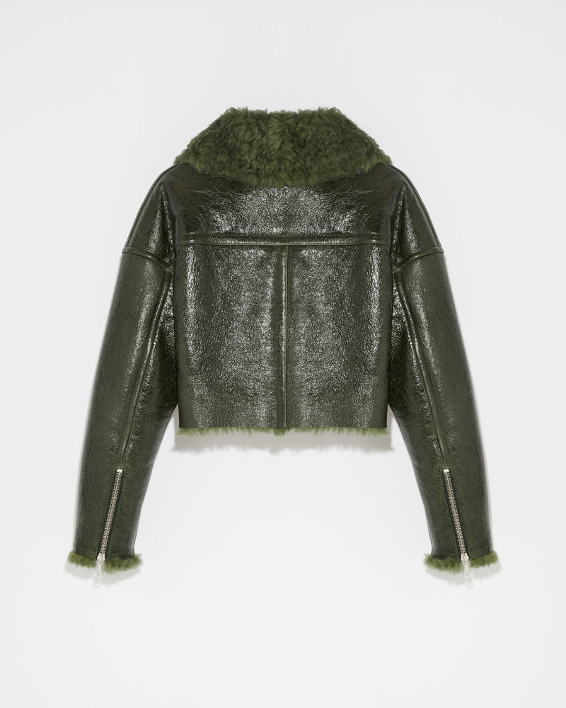 Cropped biker jacket in patent merino - green - Yves Salomon