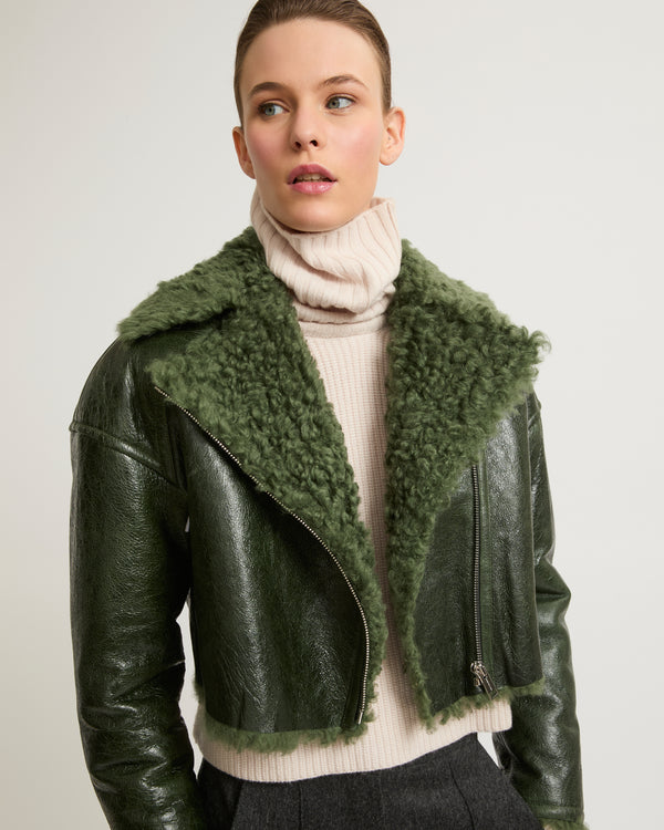 Cropped biker jacket in patent merino - green - Yves Salomon