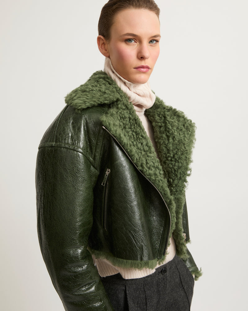 Cropped biker jacket in patent merino - green - Yves Salomon