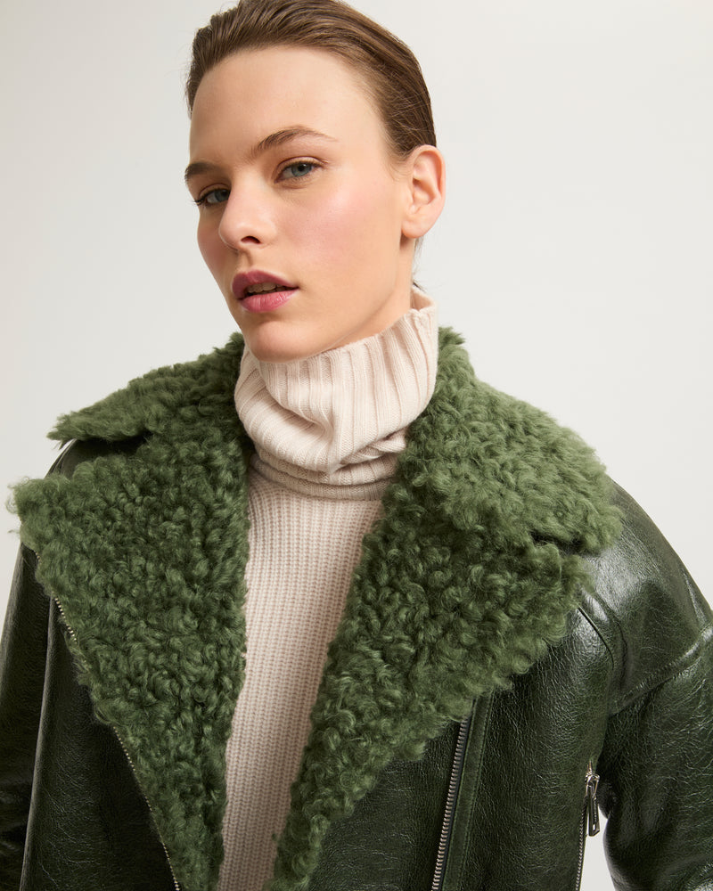 Cropped biker jacket in patent merino - green - Yves Salomon