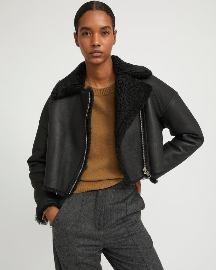 Cropped biker jacket in Icelandic Merino shearling with vintage finish