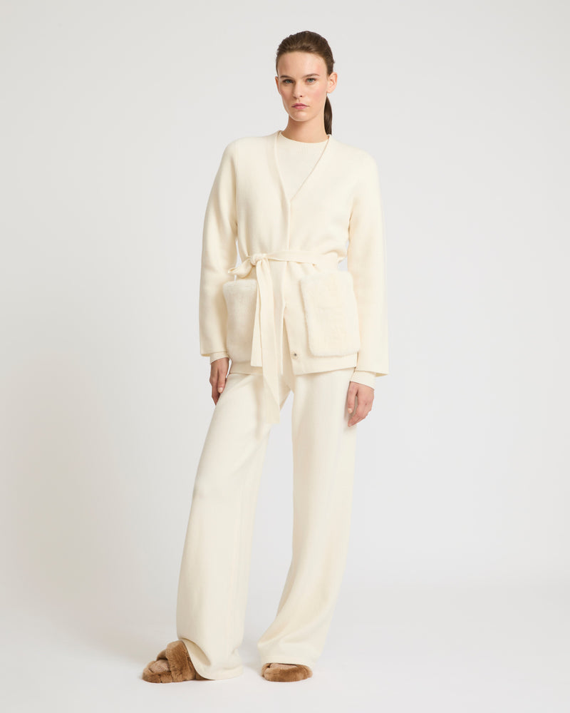 Belted knit and mink jacket - white - Yves Salomon