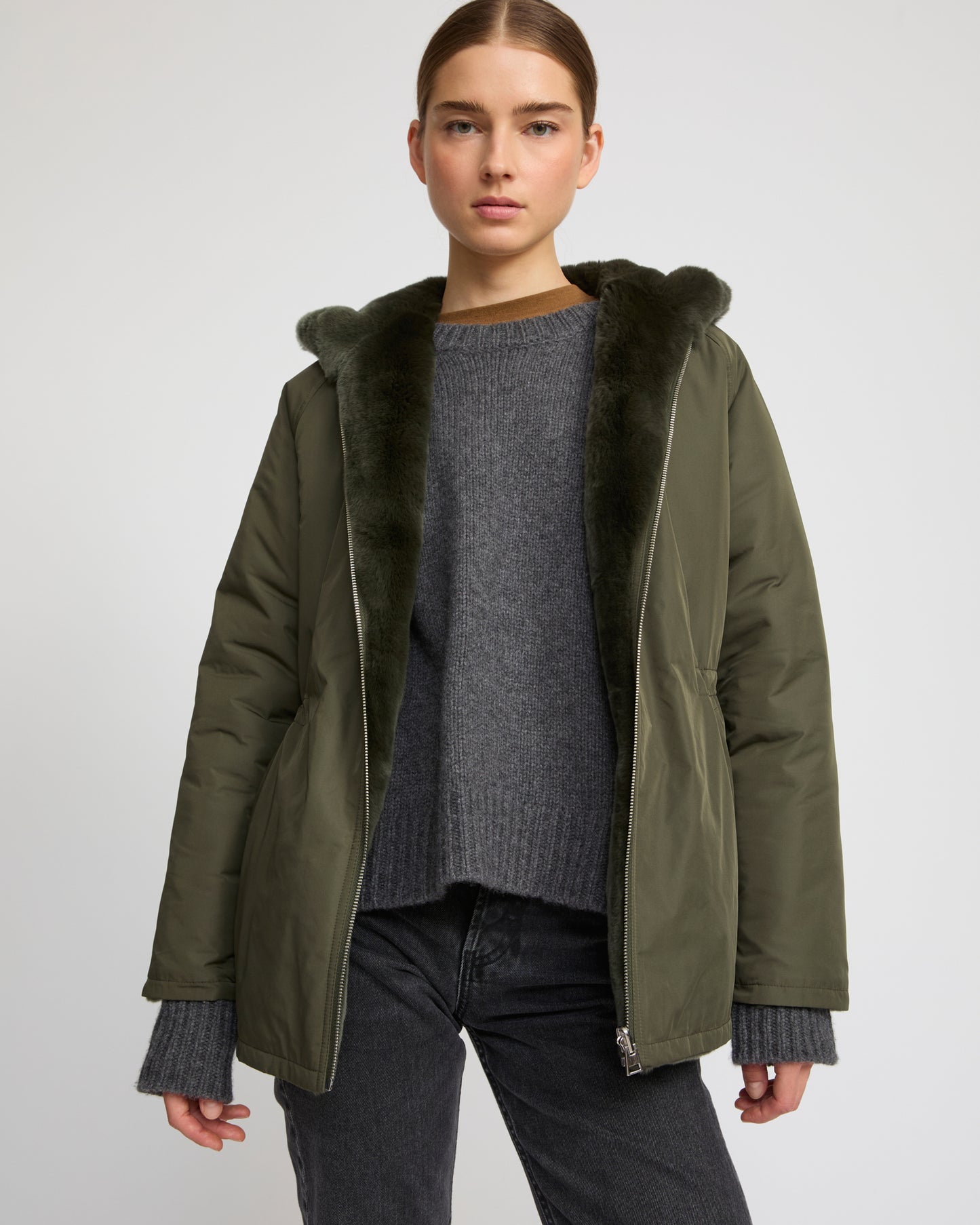 Reversible hooded jacket in rabbit rex fur and technical fabric - Yves Salomon