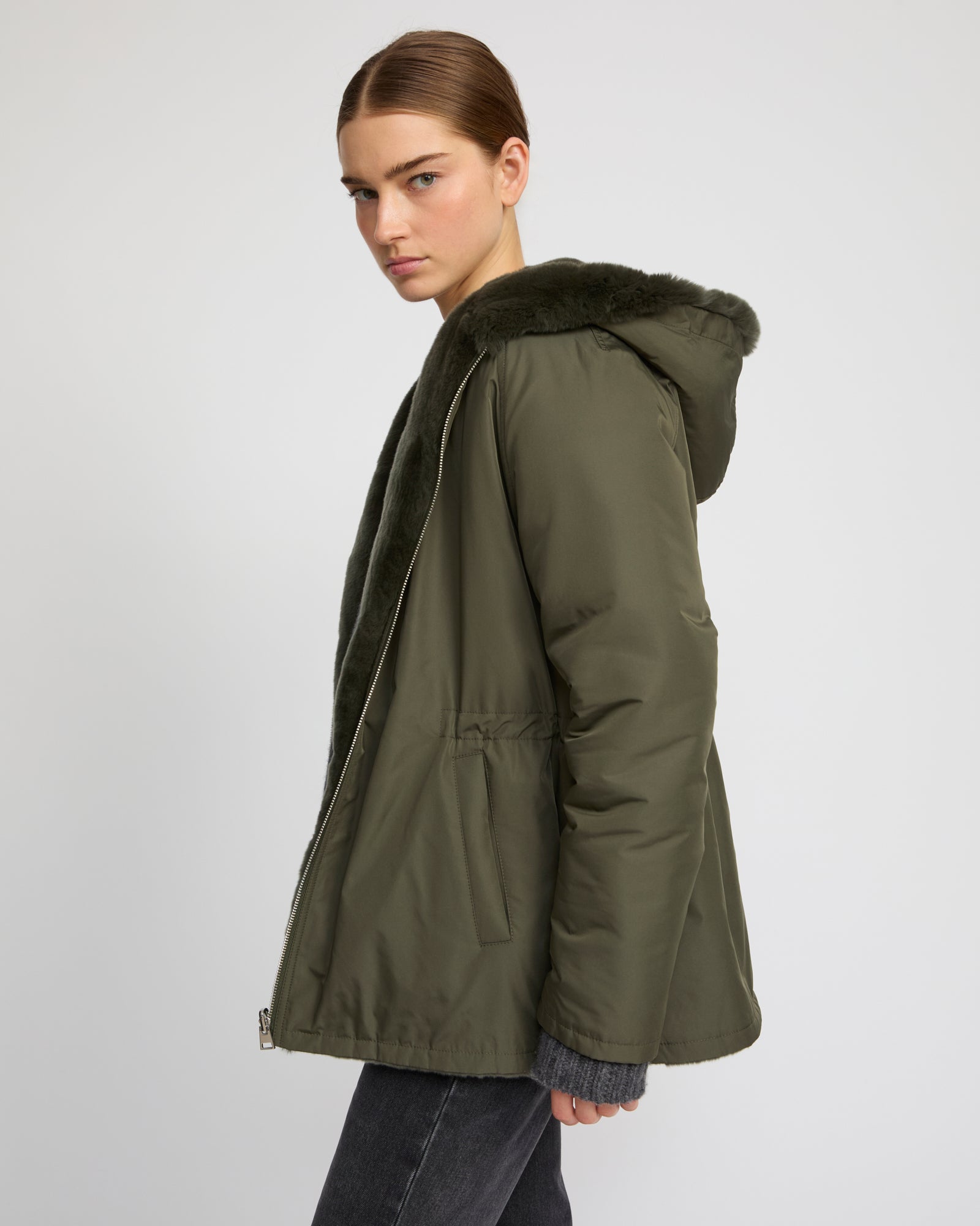 Reversible hooded jacket in rabbit rex fur and technical fabric - Yves Salomon