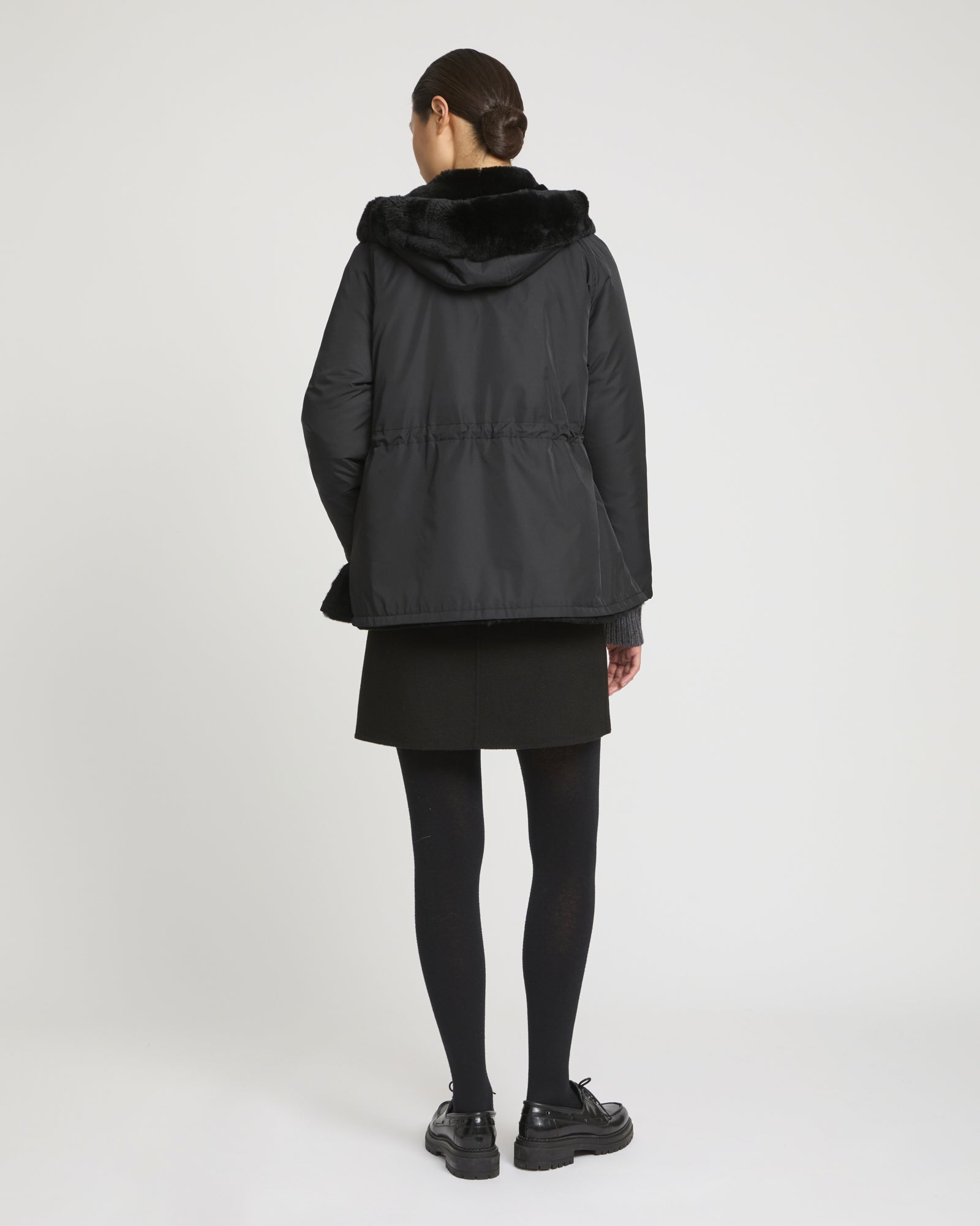 Reversible hooded jacket in rabbit rex fur and technical fabric