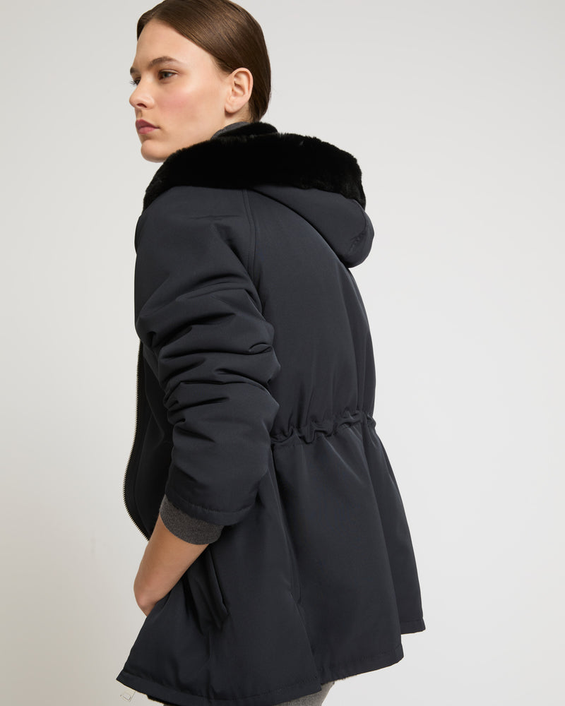 Reversible hooded jacket in rex fur and technical fabric - black - Yves Salomon