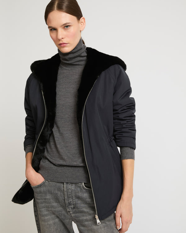 Reversible hooded jacket in rex fur and technical fabric - black - Yves Salomon