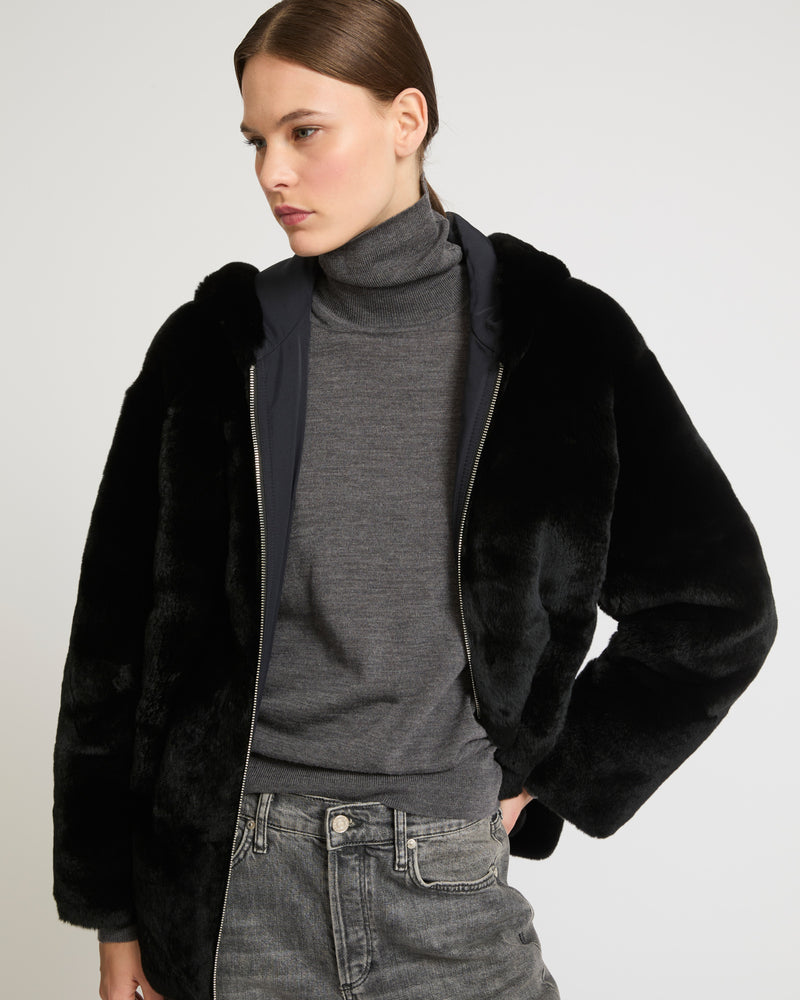 Reversible hooded jacket in rex fur and technical fabric - black - Yves Salomon