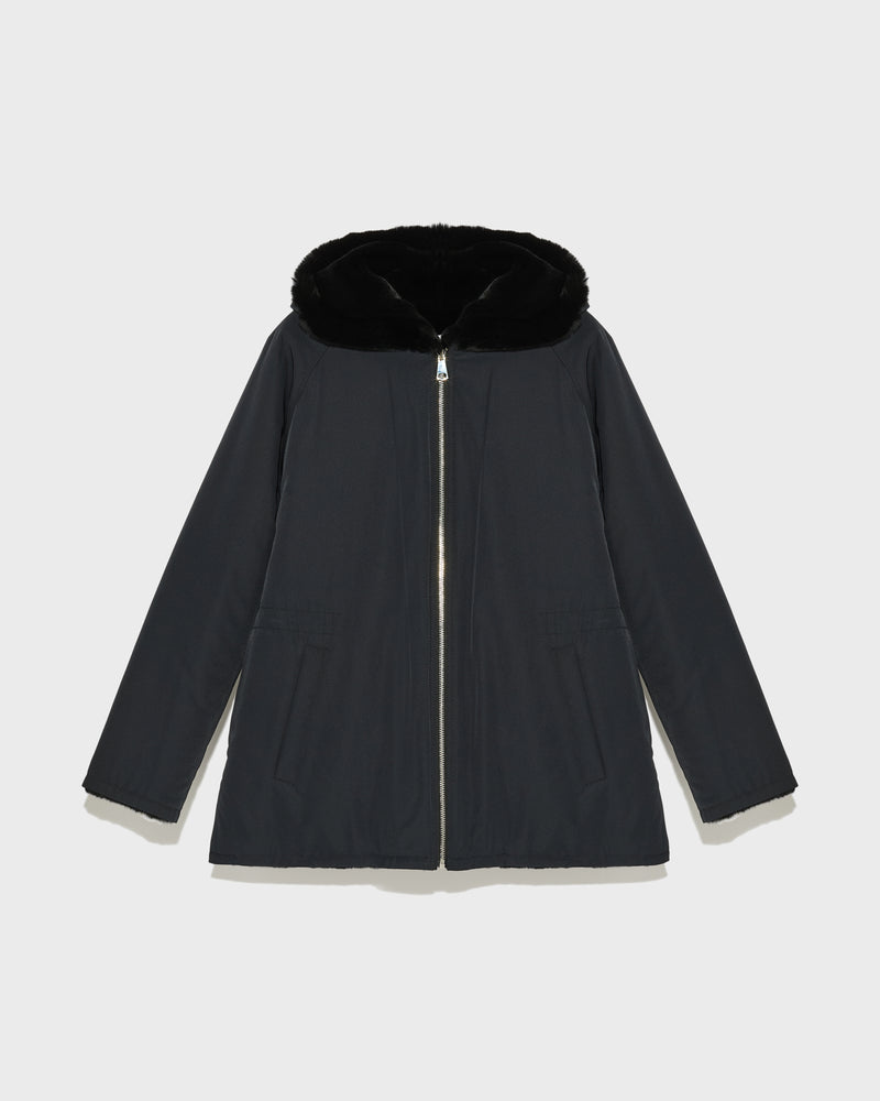 Reversible hooded jacket in rex fur and technical fabric - black - Yves Salomon