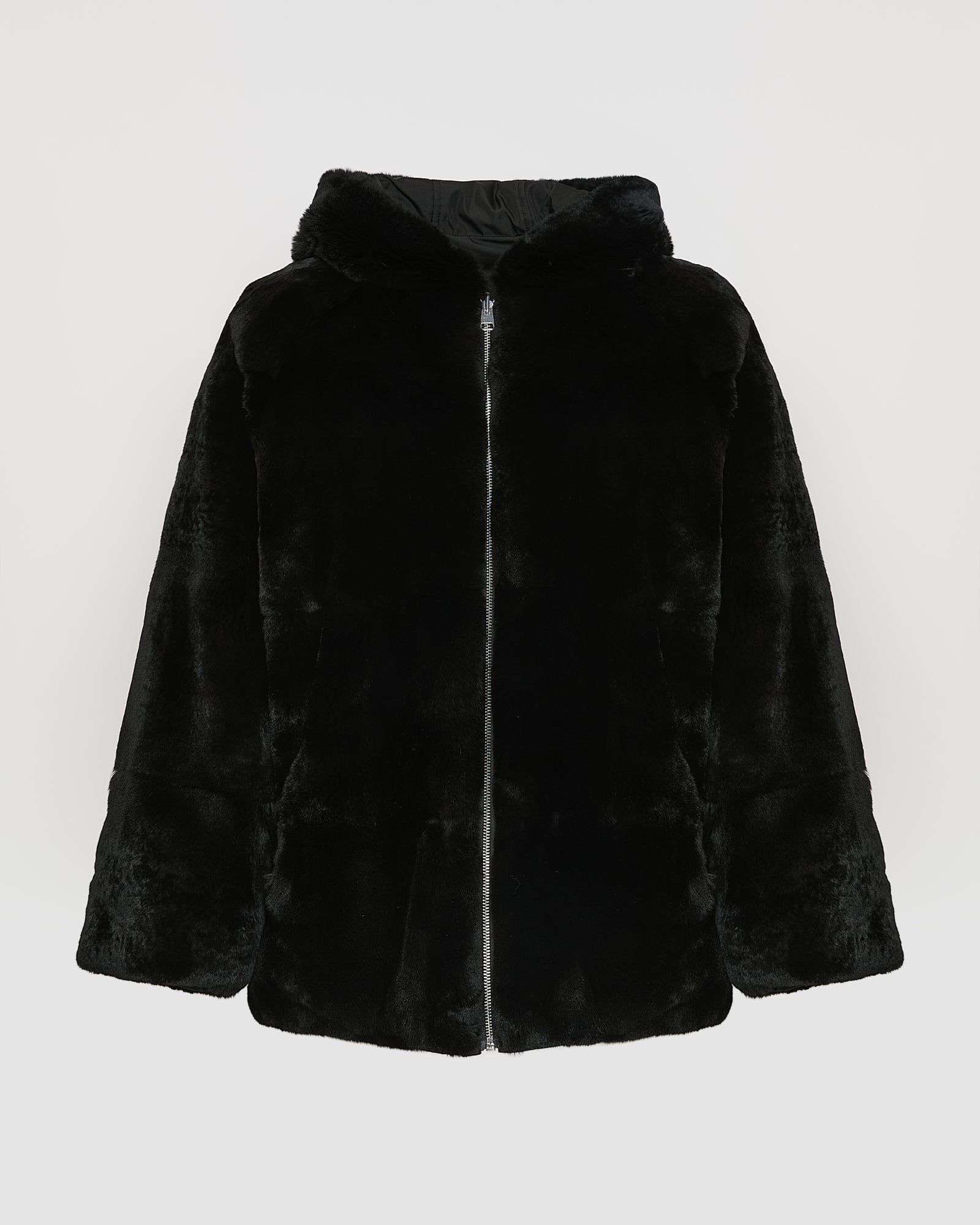 Reversible hooded jacket in rabbit rex fur and technical fabric