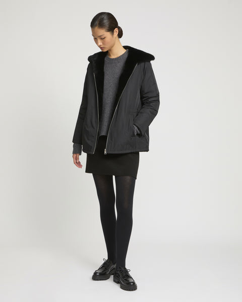 Reversible hooded jacket in rabbit rex fur and technical fabric