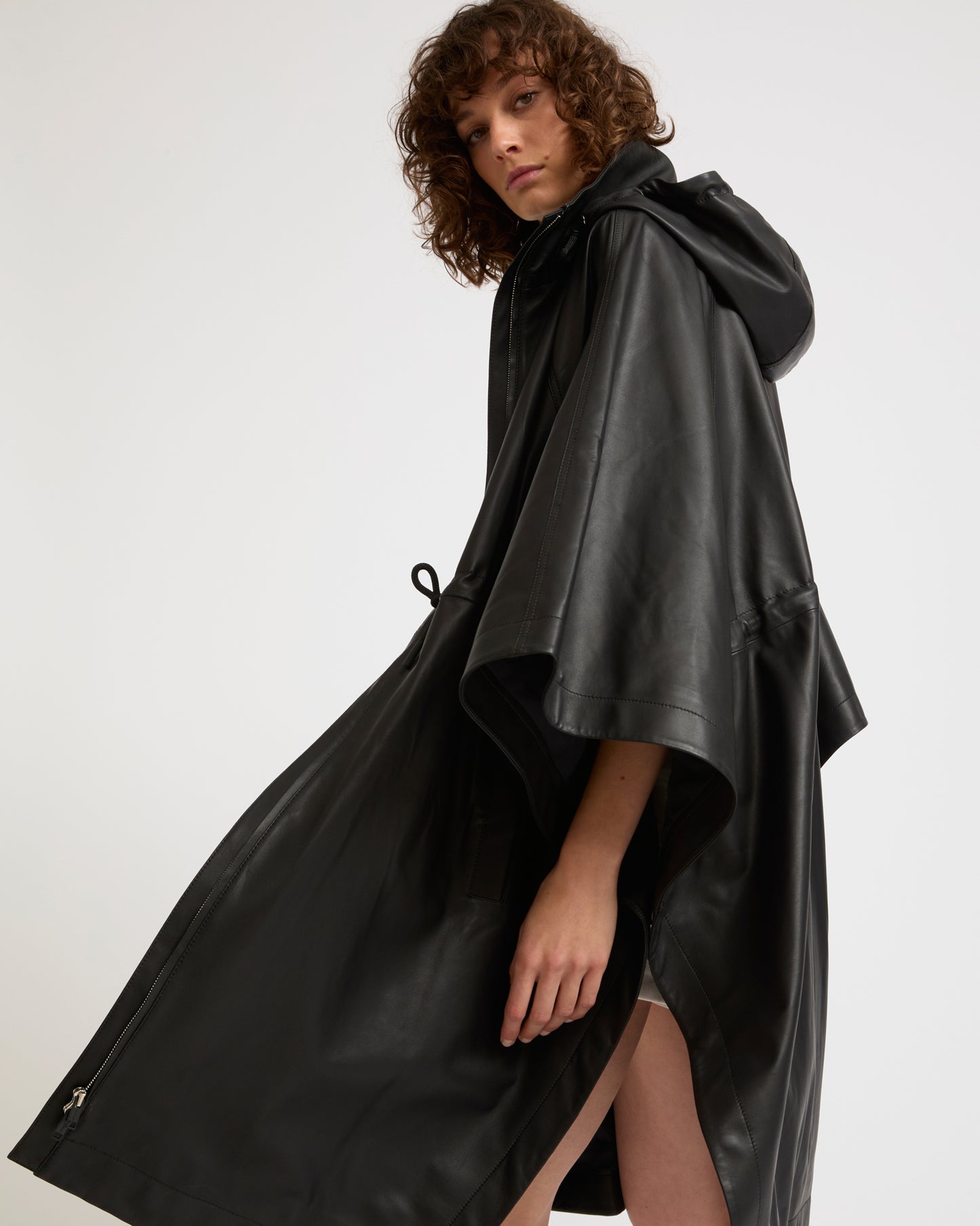 Waterproof lamb leather hooded cape parka