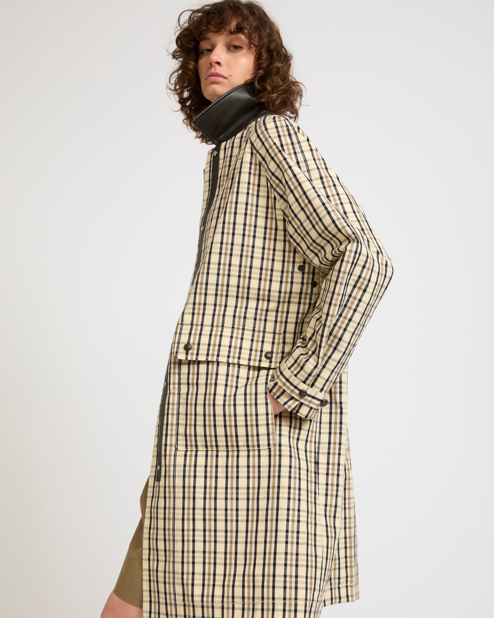 Check pattern jacquard fabric parka with leather collar -Summer sale - Yves Salomon