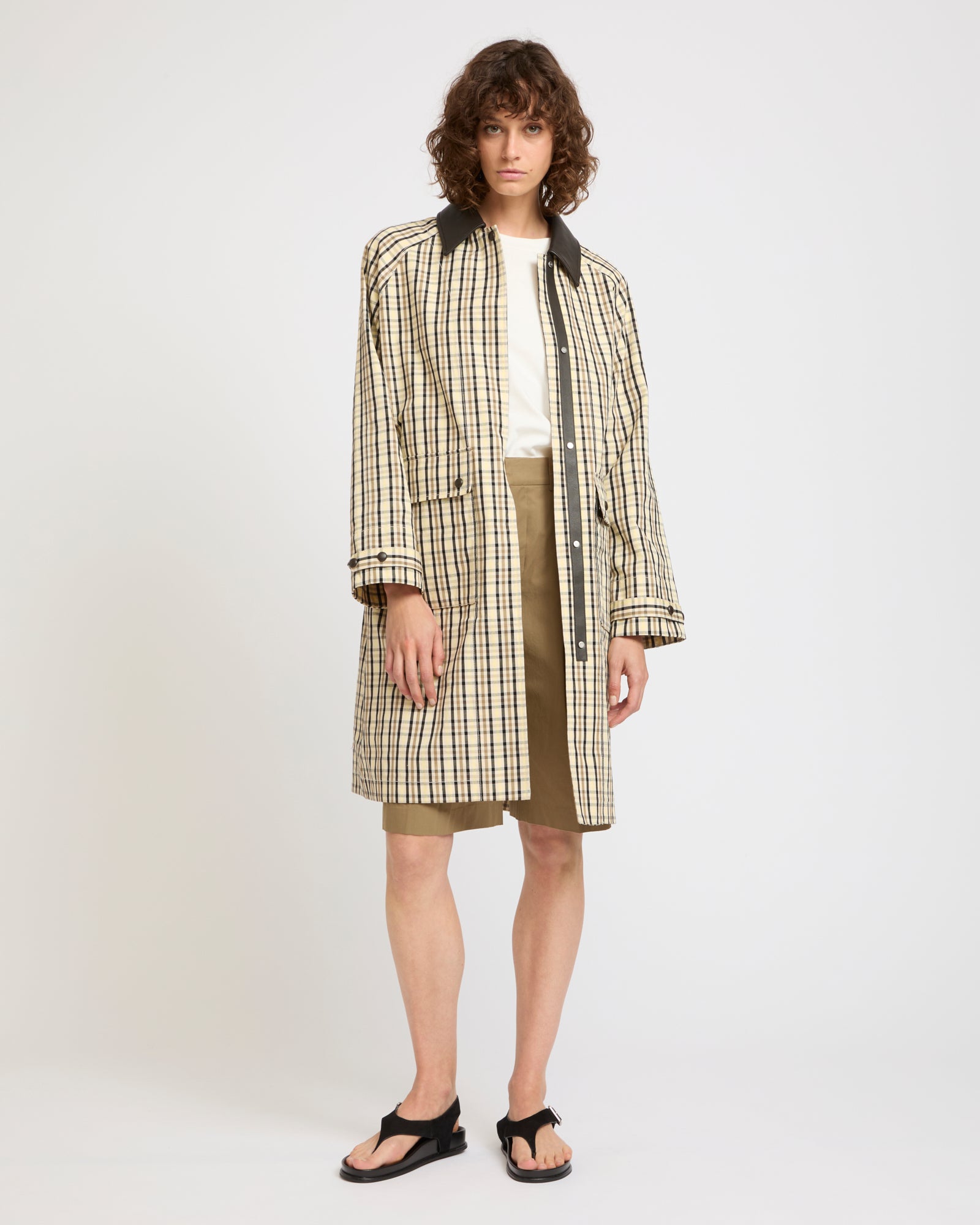 Check pattern jacquard fabric parka with leather collar -Summer sale - Yves Salomon