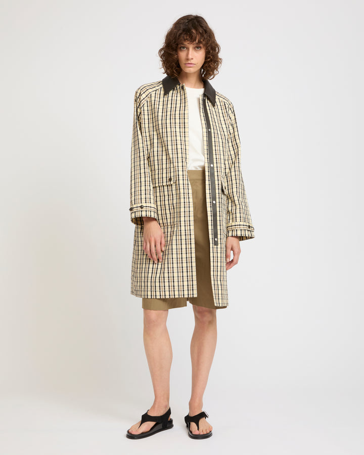 Check pattern jacquard fabric parka with leather collar