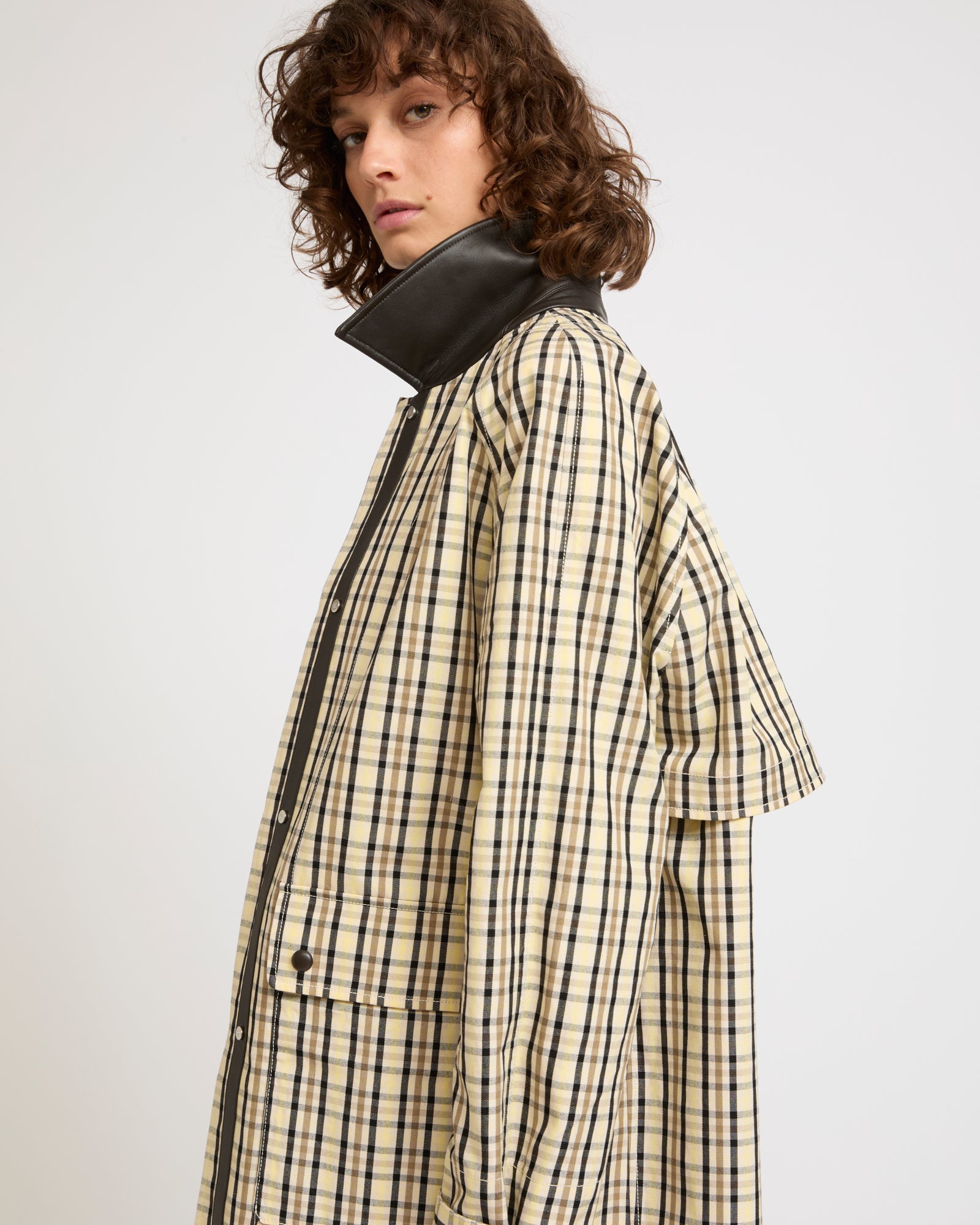 Check pattern jacquard fabric parka with leather collar -Summer sale - Yves Salomon