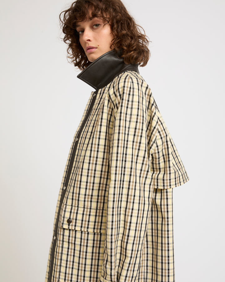Check pattern jacquard fabric parka with leather collar
