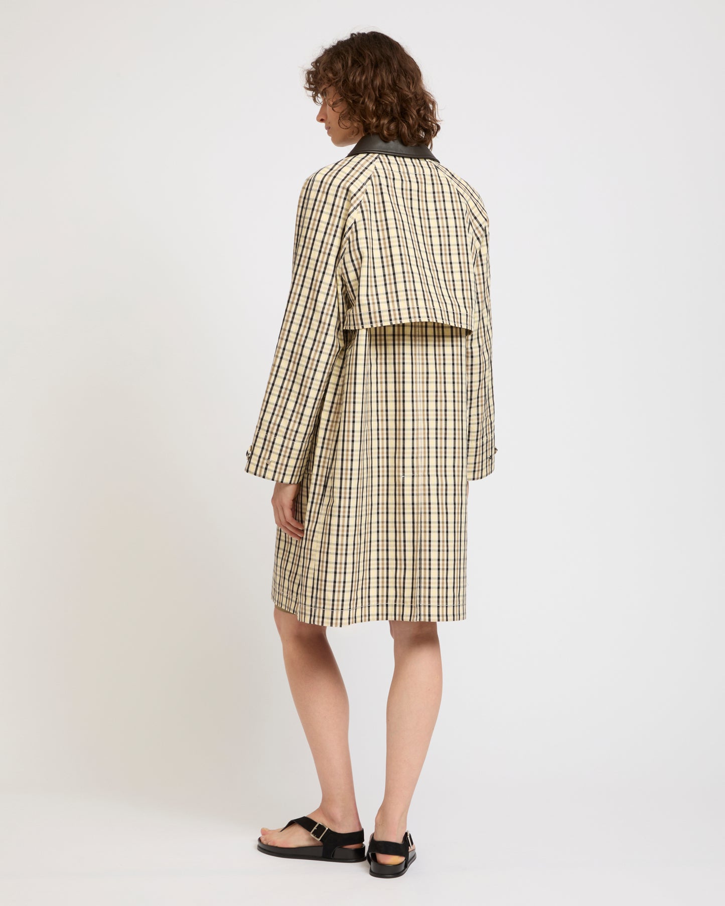 Check pattern jacquard fabric parka with leather collar -Summer sale - Yves Salomon