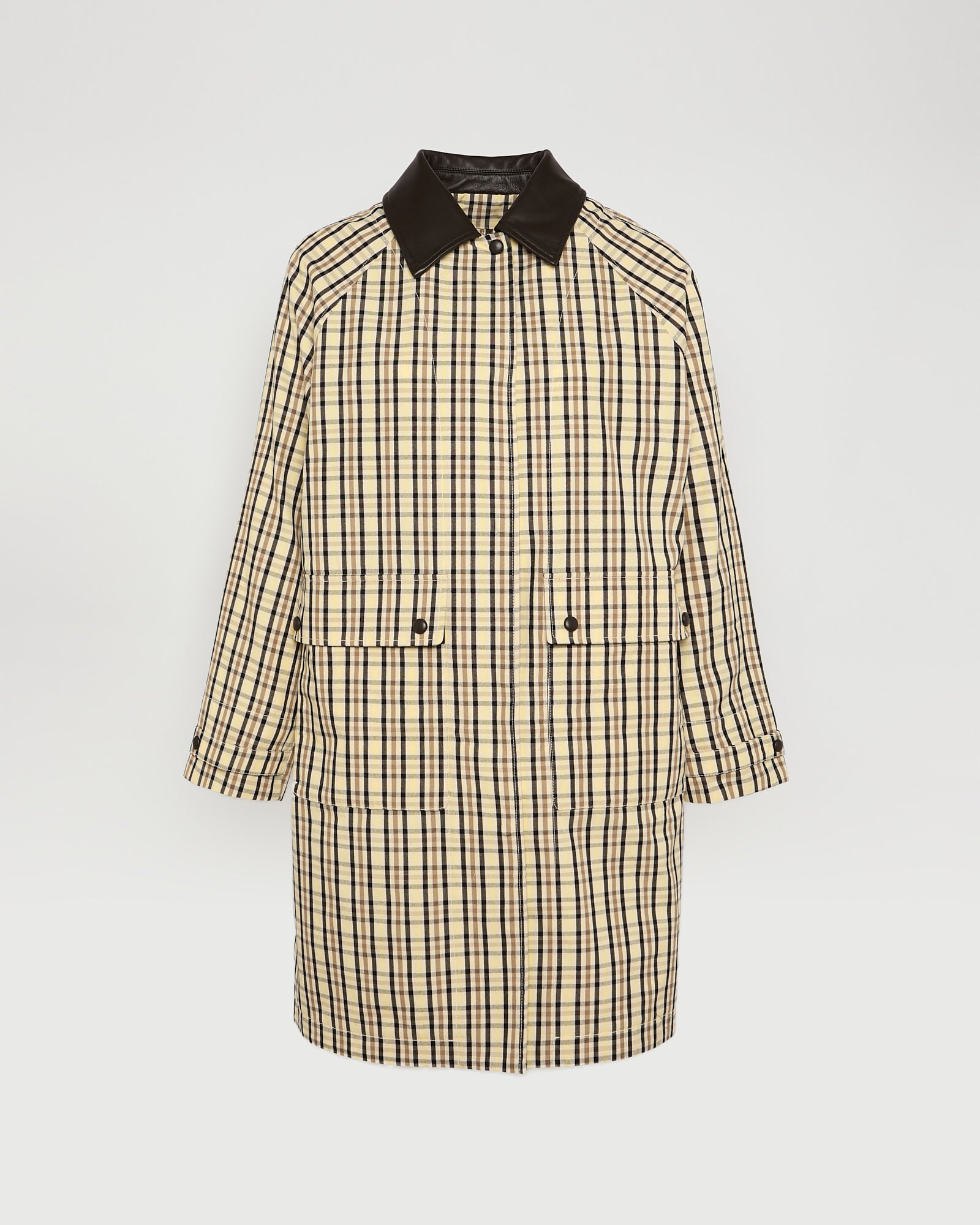 Check pattern jacquard fabric parka with leather collar -Summer sale - Yves Salomon
