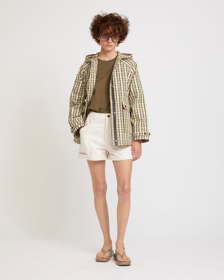 Hooded jacket in check pattern jacquard fabric