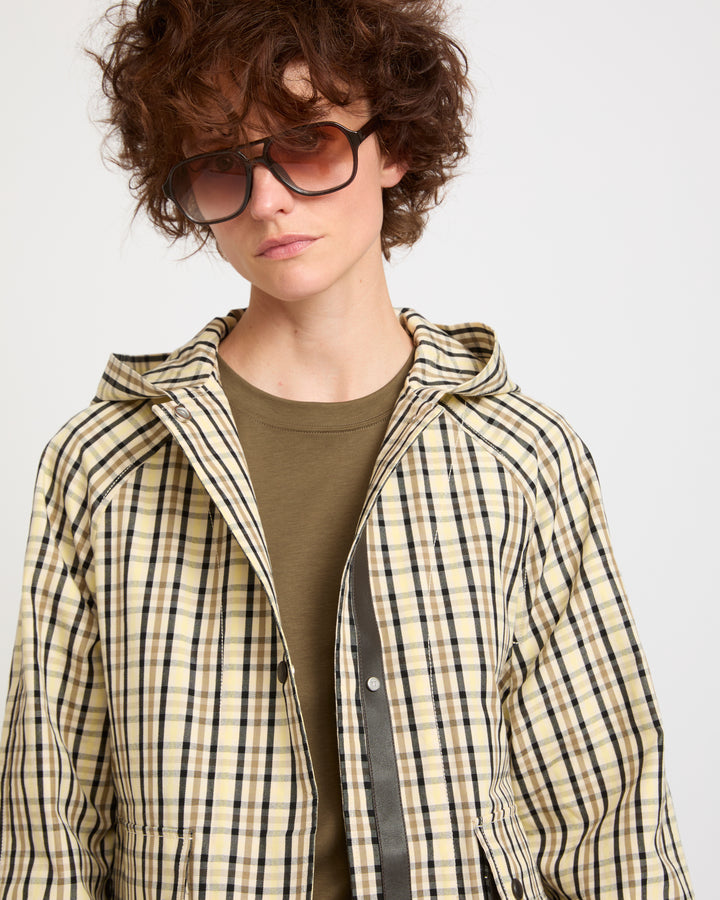 Hooded jacket in check pattern jacquard fabric