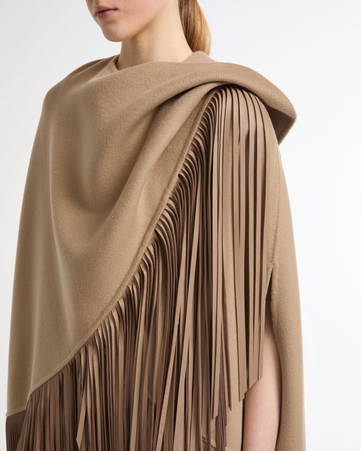 Short asymmetrical  cashmere-blend cape with fringes