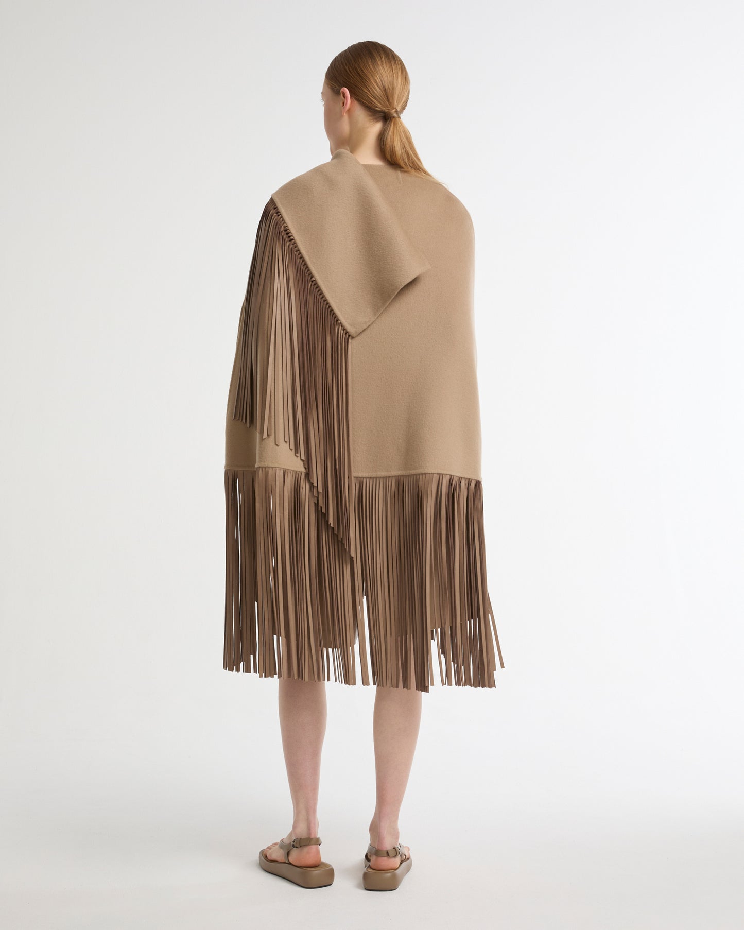 Short asymmetrical  cashmere-blend cape with fringes