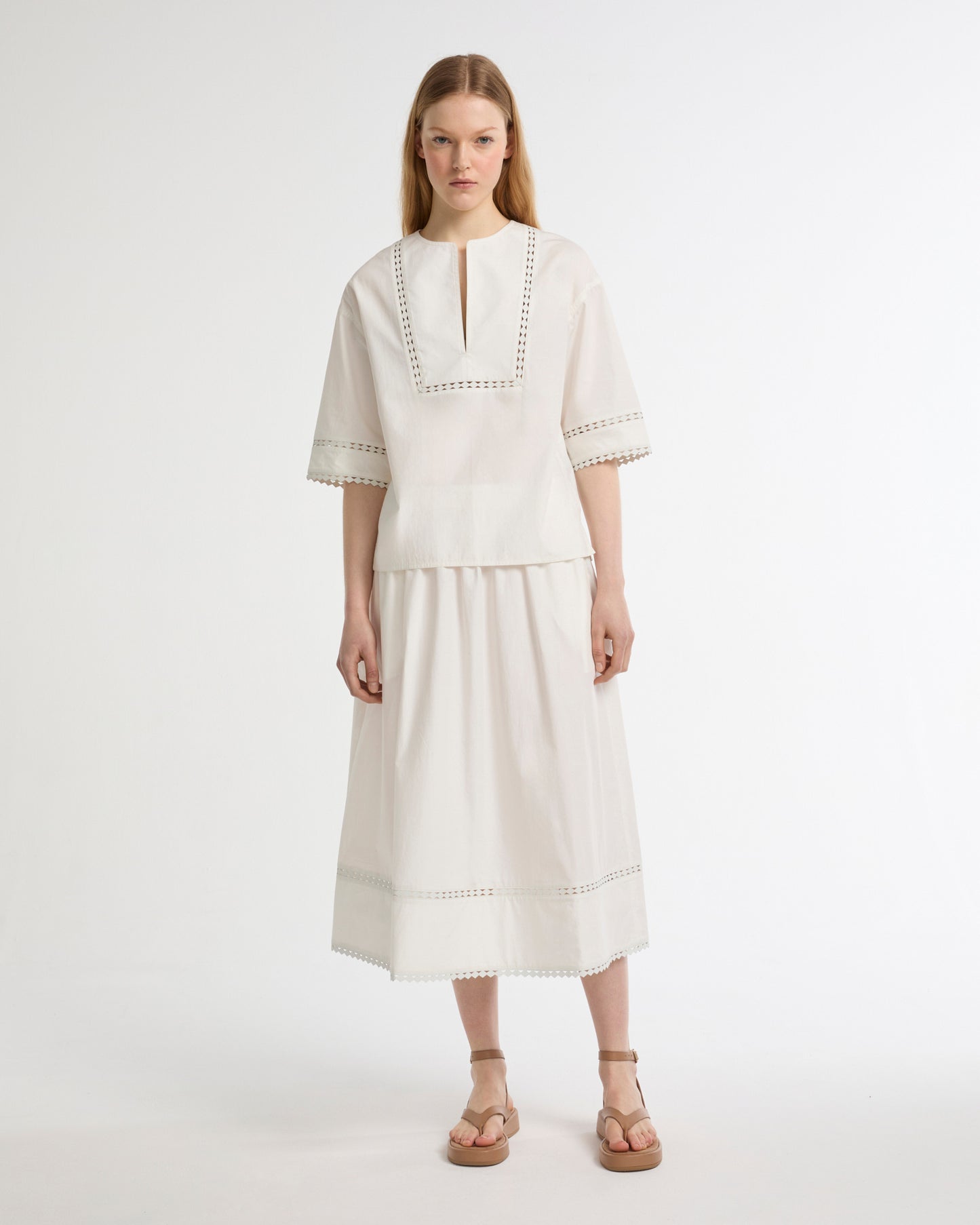 Short sleeve poplin blouse with leather details