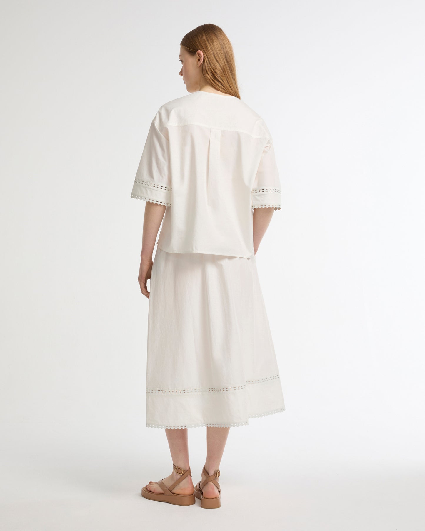 Short sleeve poplin blouse with leather details