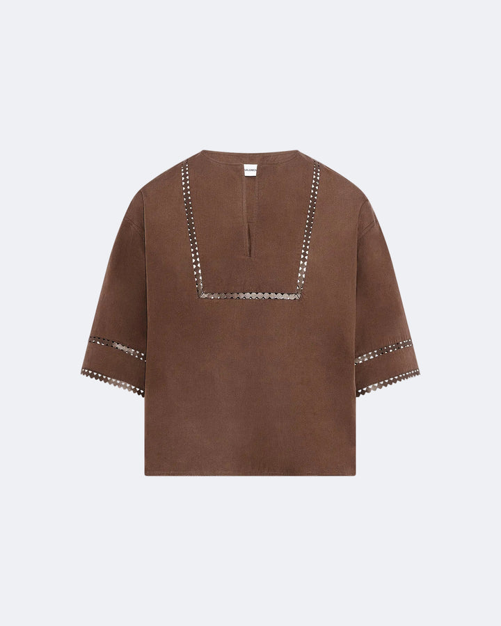 Short sleeve poplin blouse with leather details