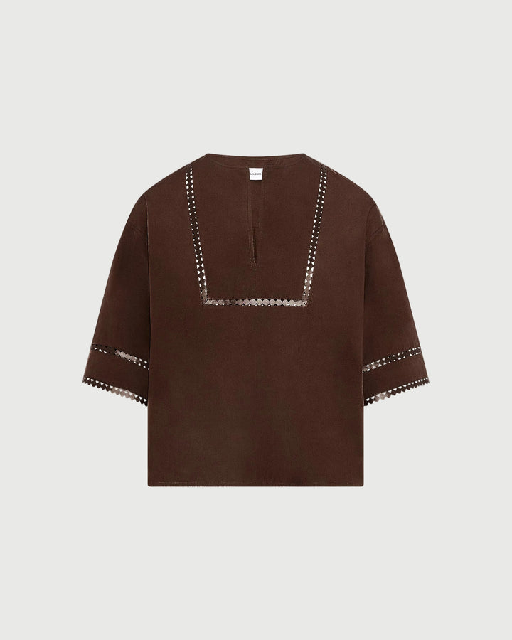 Short sleeve poplin blouse with leather details