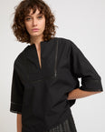 Short sleeve poplin blouse with leather details