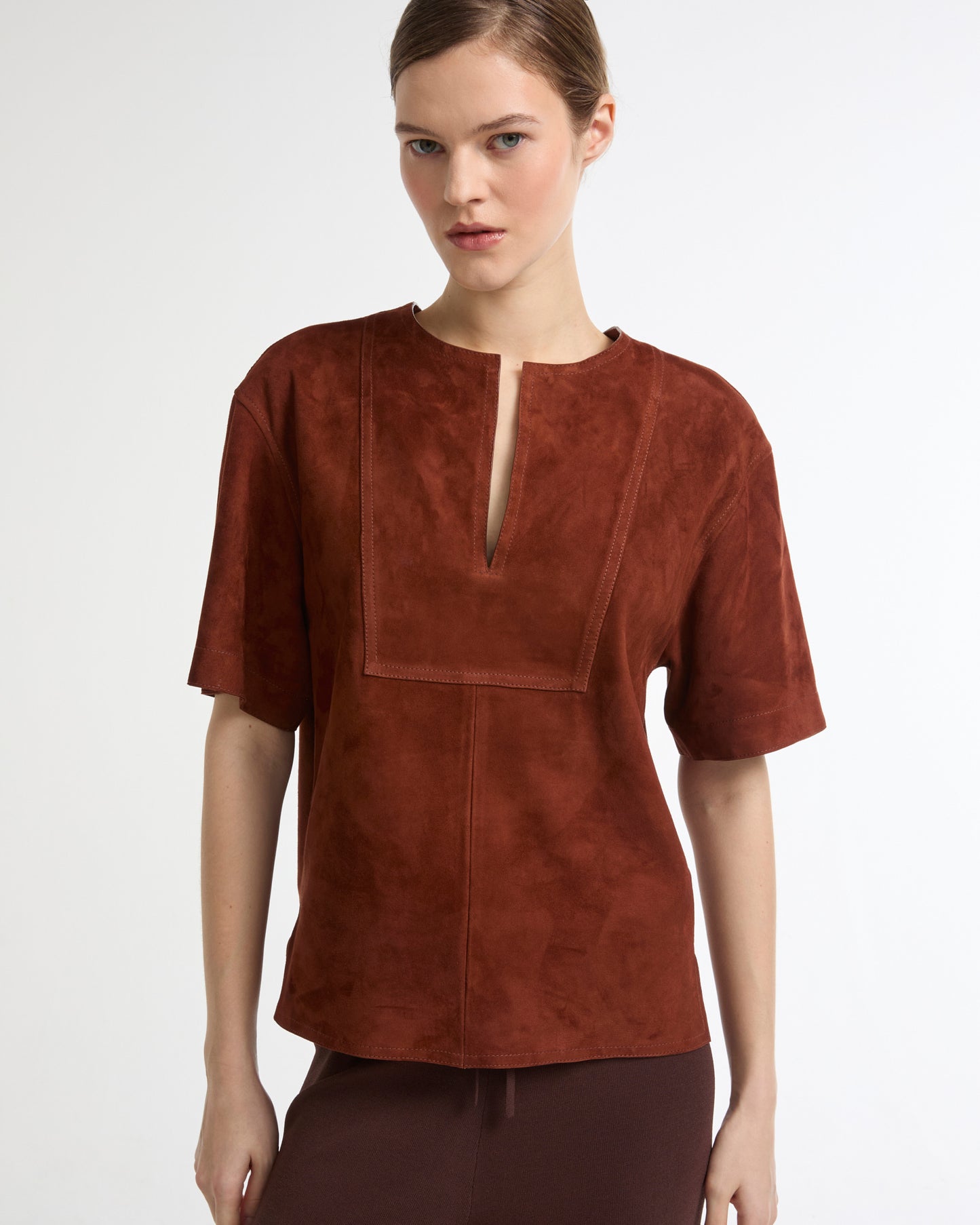Double-sided lambskin short-sleeved blouse