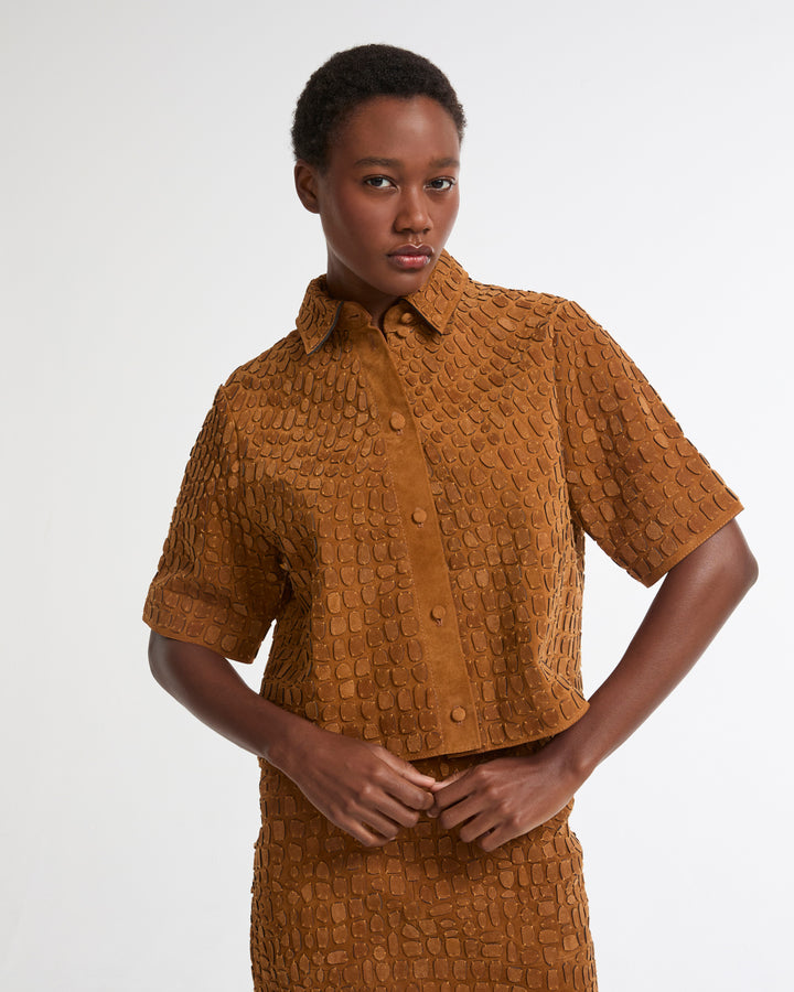 Embroidered suede calfskin shirt