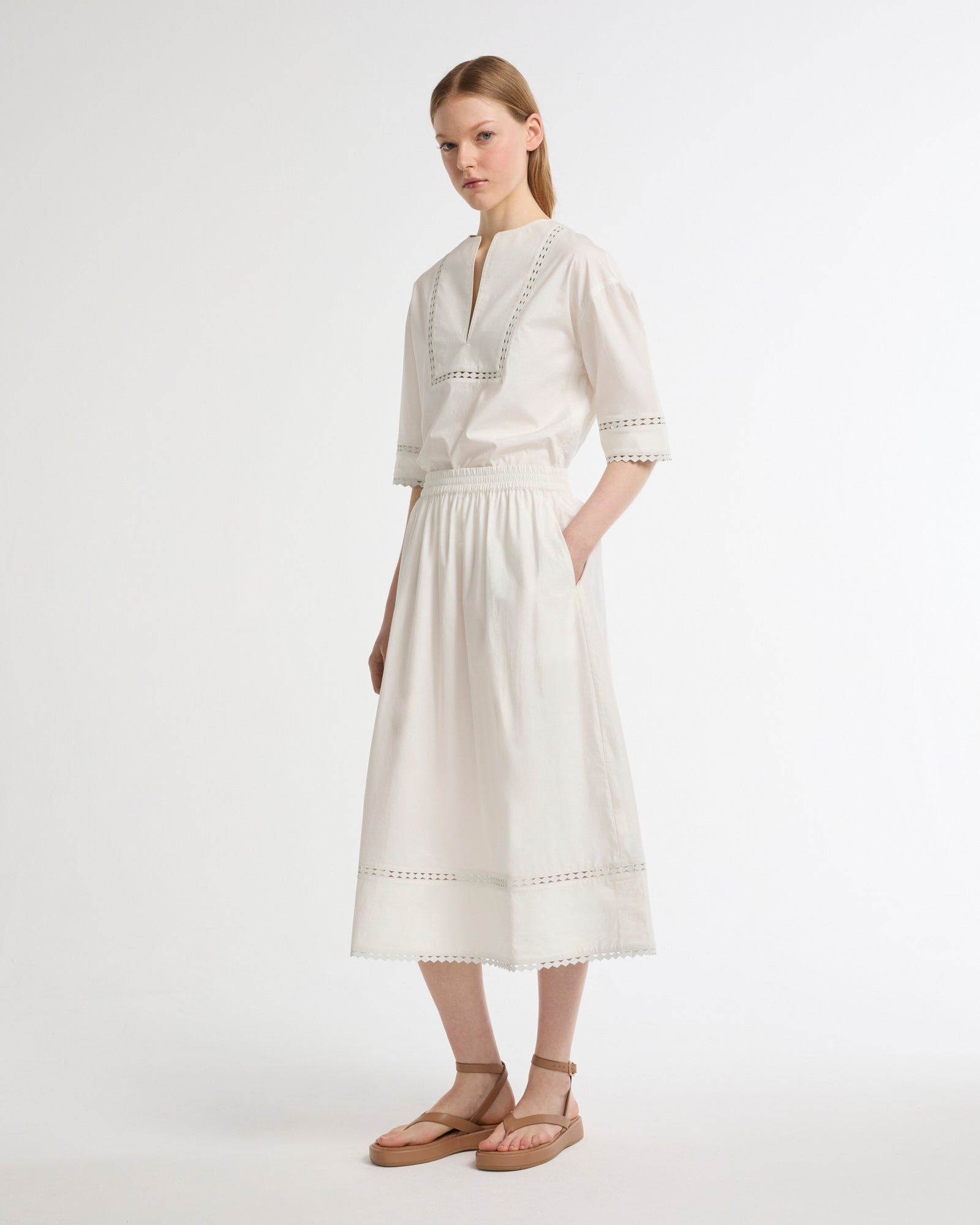Poplin skirt with leather details -Summer sale - Yves Salomon