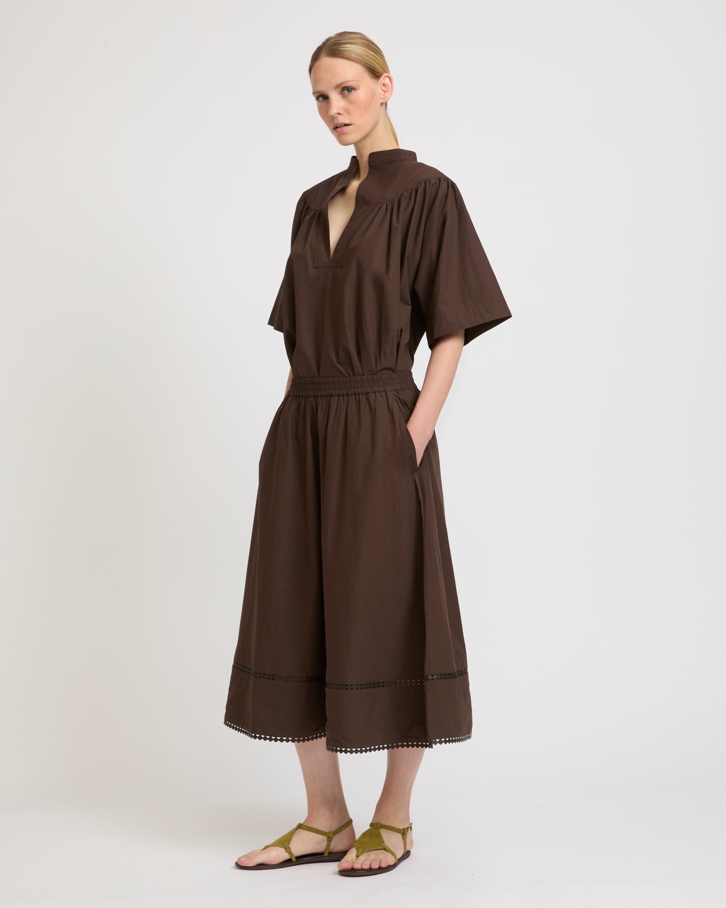 Poplin skirt with leather details