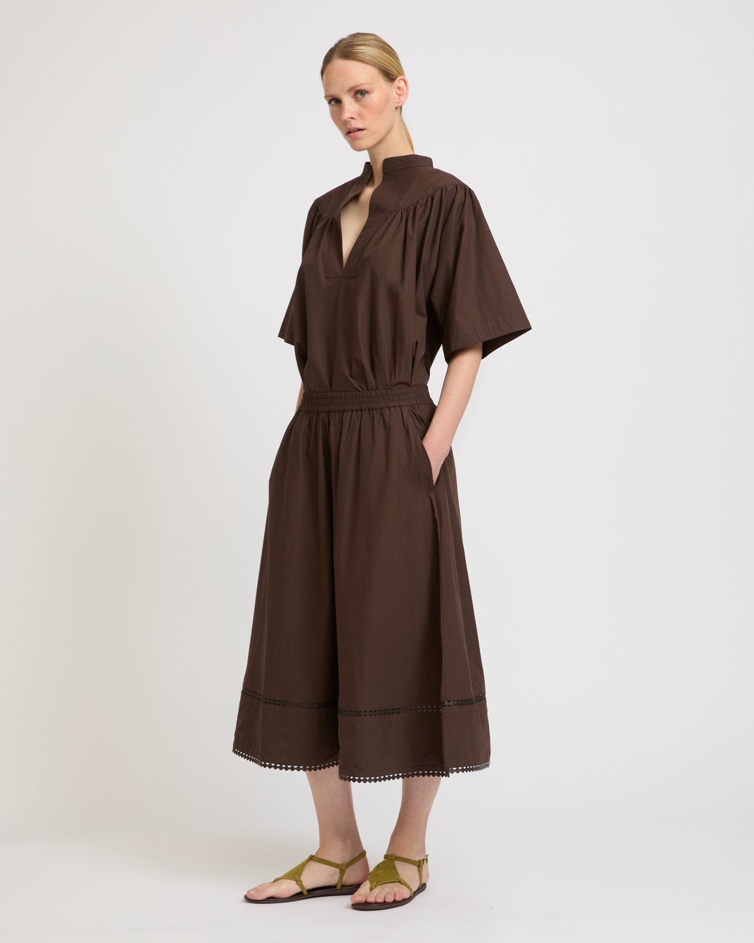 Poplin skirt with leather details -Summer sale - Yves Salomon