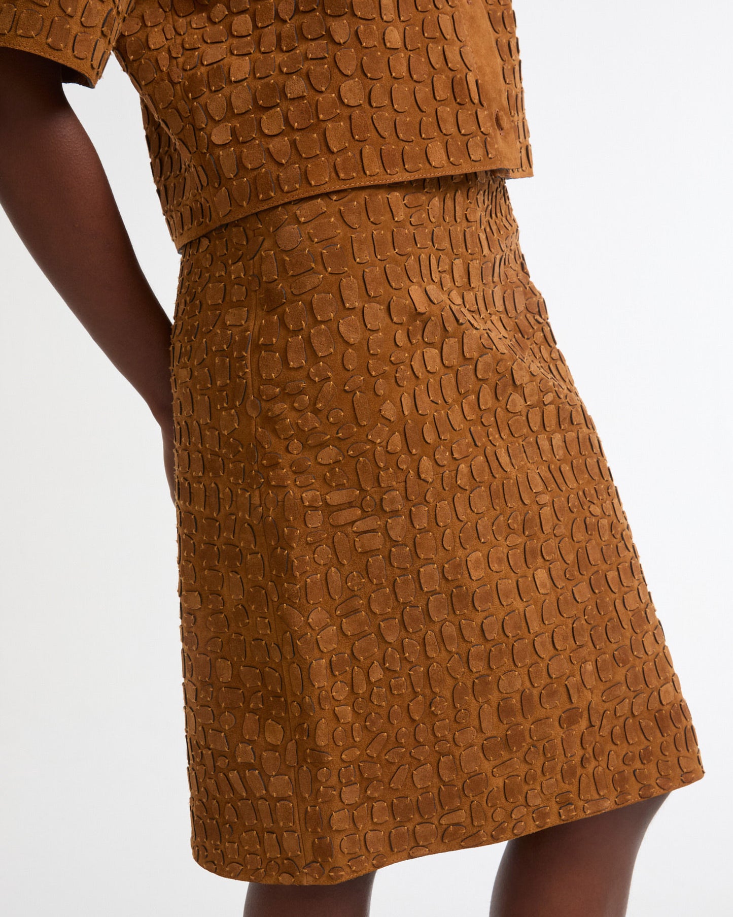 Mid-length skirt in embroidered suede calfskin