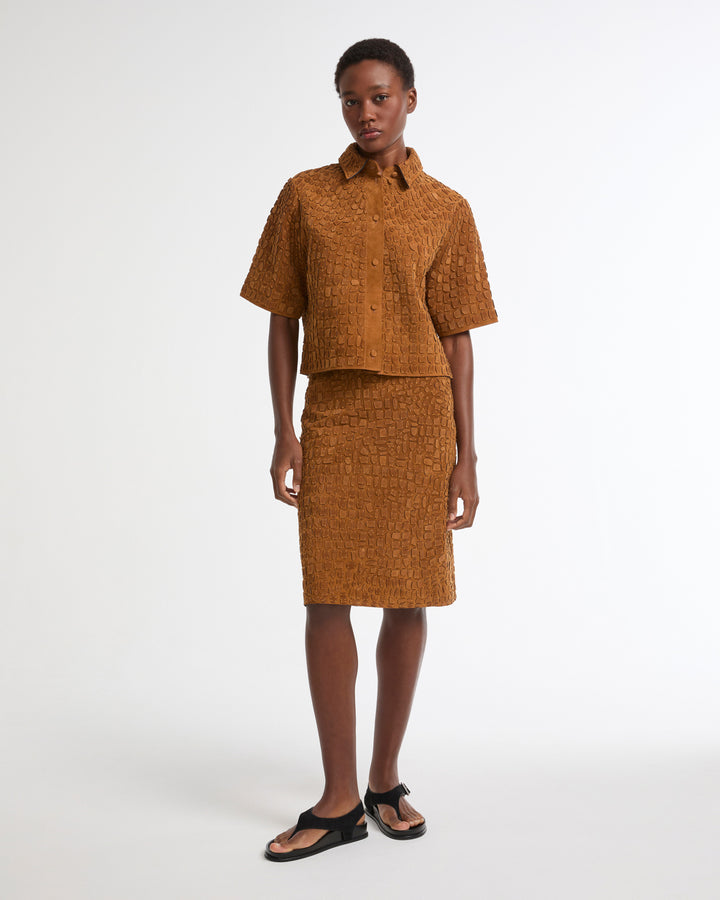 Mid-length skirt in embroidered suede calfskin