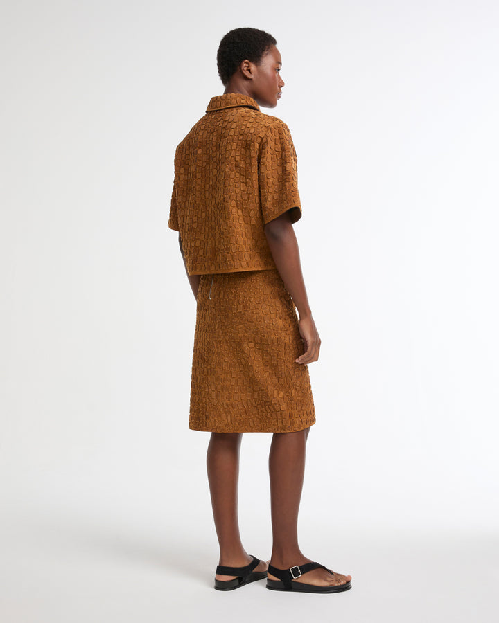 Mid-length skirt in embroidered suede calfskin