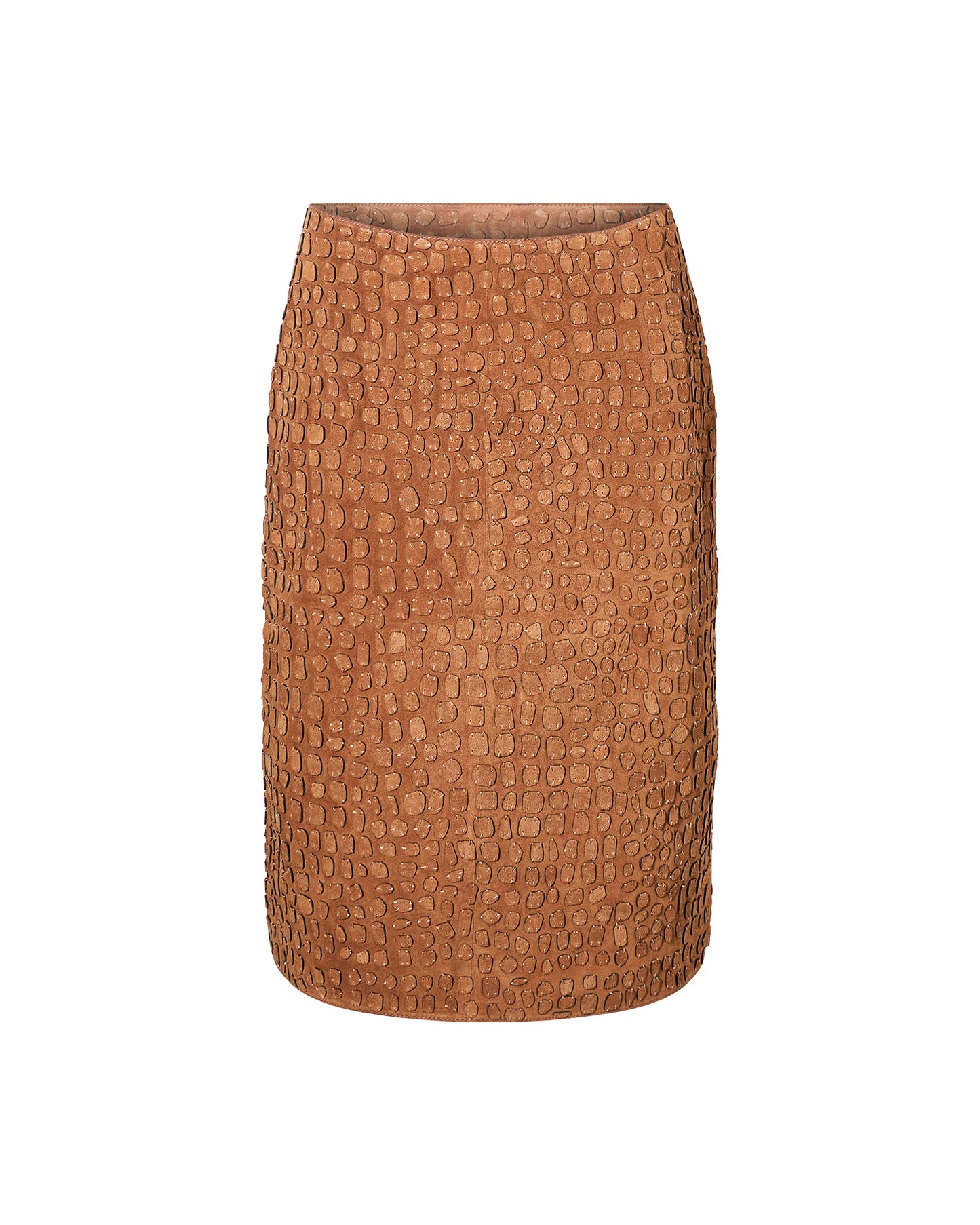 Mid-length skirt in embroidered suede calfskin
