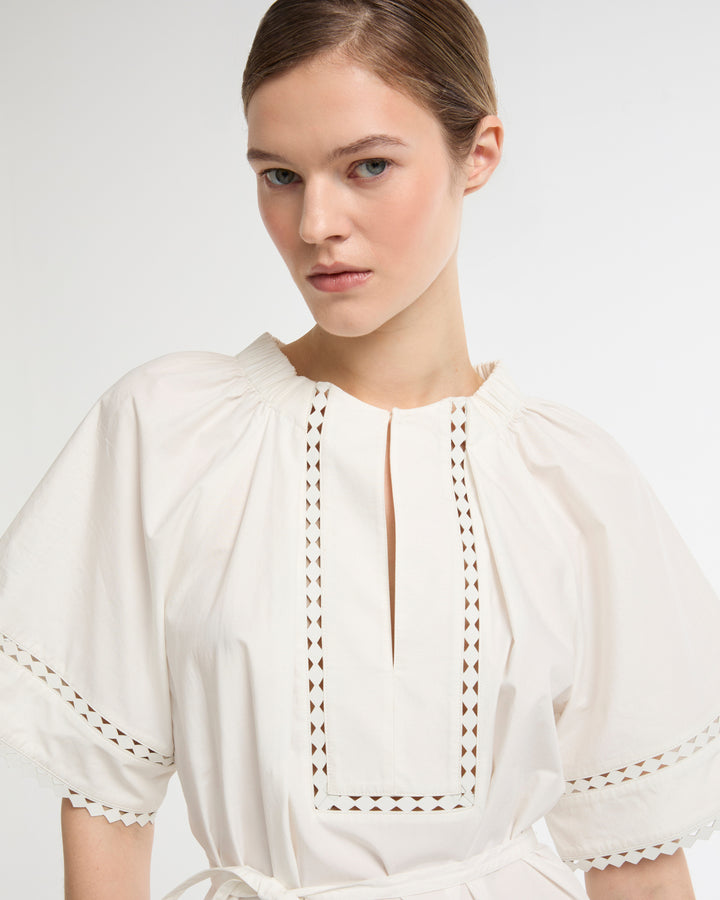 Short sleeve poplin dress with leather details