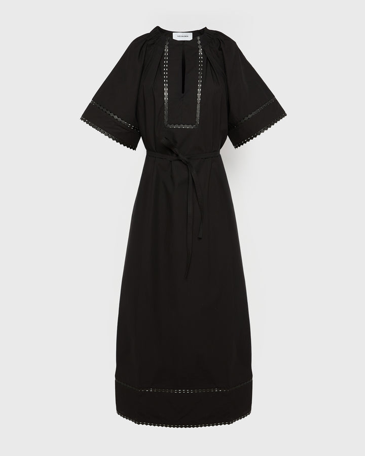 Short sleeve poplin dress with leather details